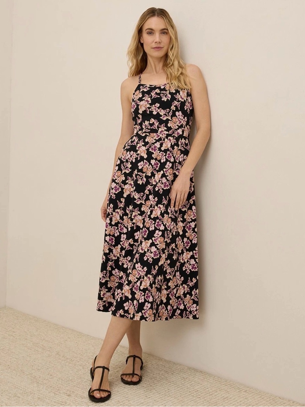 Pact Black Midi Dress with Pink and Cream Floral Print